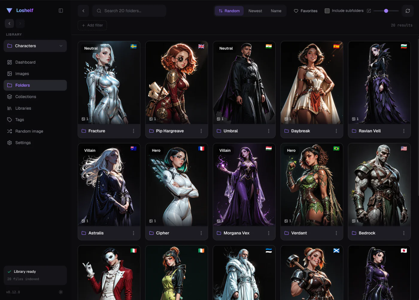 Loshelf folder gallery with cover images and tags