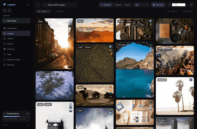 Loshelf photo library in a masonry grid view