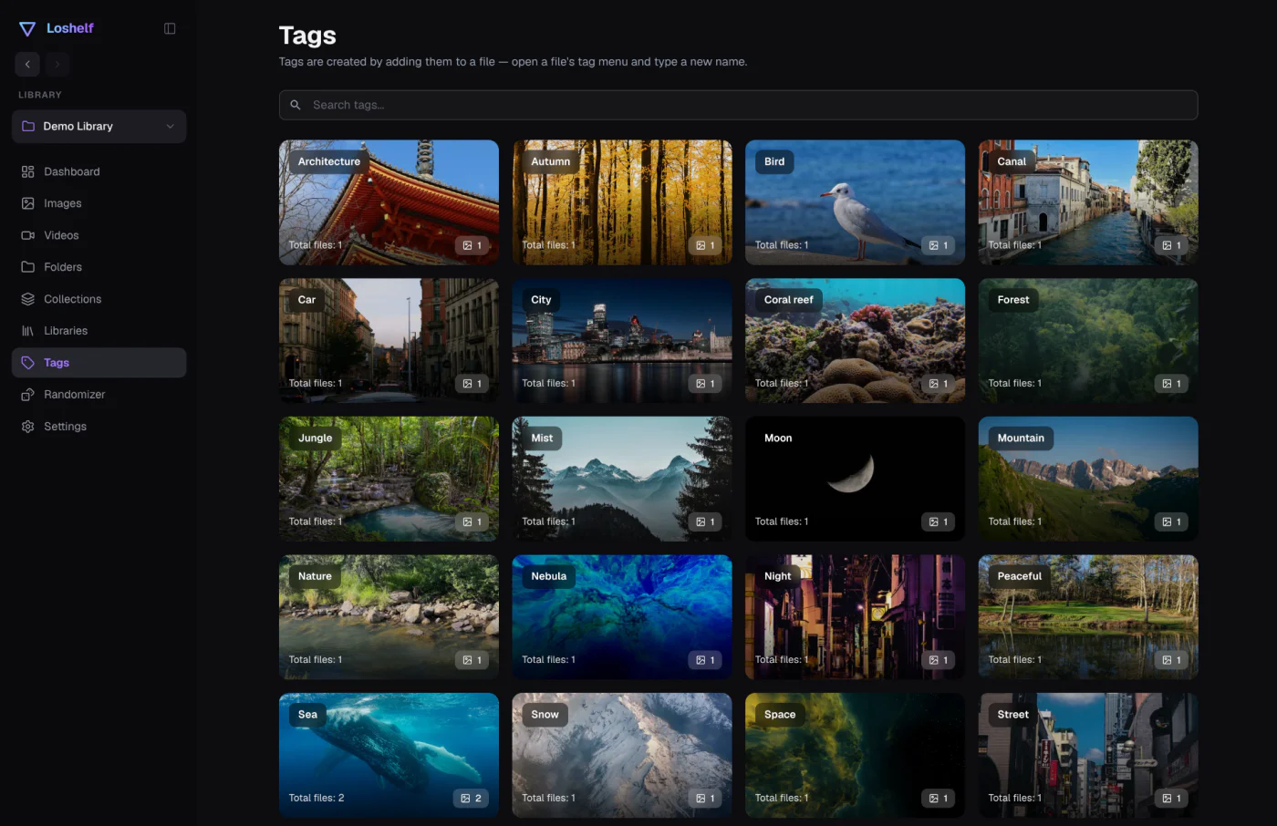 Loshelf tag gallery with a visual cover for every tag