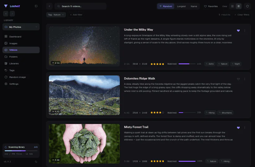 Loshelf videos with hover-to-play previews